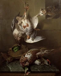 Eine Katze greift totes Wild an (Öl)